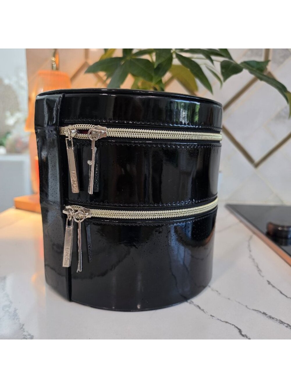 Lancôme Round Black Patent Cosmetic Case With Mirror & Dual Zipper Compartments